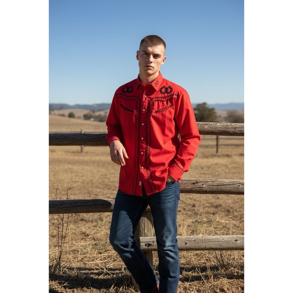 Ace Of Diamond Western Shirt Men's M Embroidered Pearl‎ Snap Shirt Red EUC